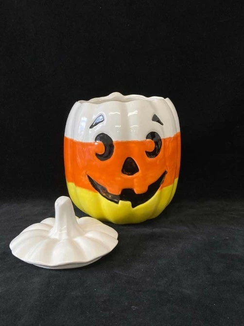 Pumpkin Cookie Jar EXCLUSIVE Candy Corn Design Black Star Ceramics - Image 2